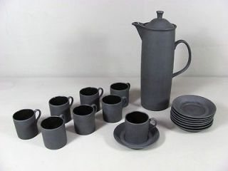 Wedgwood Black Basalt Jasperware Demitasse Set Pot & 8 Cups and Rim 