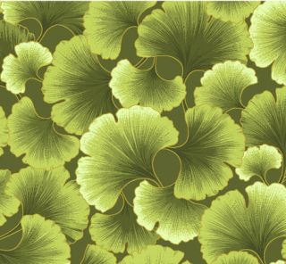 Gingko Leaves Asian Fabric in Celery with Metallic Gold