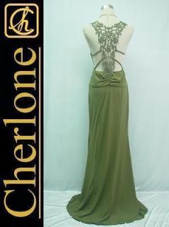 Cherlone Green Grecian Backless Lace Long Evening Prom Ball Gown Dress 