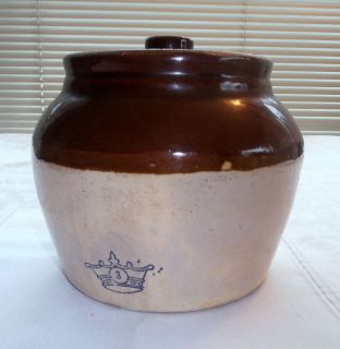   Pottery Primitive American Stoneware Pottery Crock Bean Pot Blue Crown