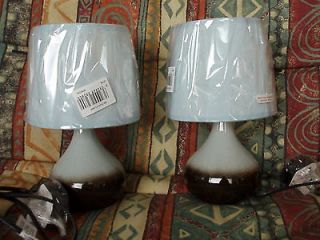 TWO 2 Ceramic Pottery Bedside / Table Lamps DUCK EGG BLUE & BROWN 