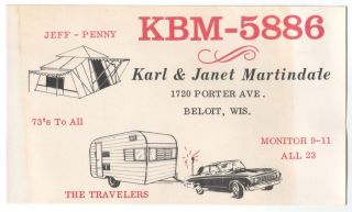 QSL CB Radio Card Wisconsin WI Beloit Trailer Camper Tent Karl Janet 