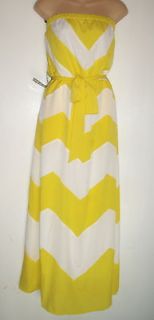 NWT BEBE Yellow White Striped Strapless Chevron Maxi Dress w/belt L 