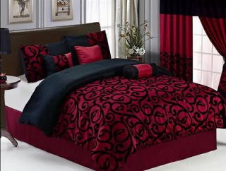   Burgundy Black Comforter Curtain Sheet Set King Size New Bed in a Bag