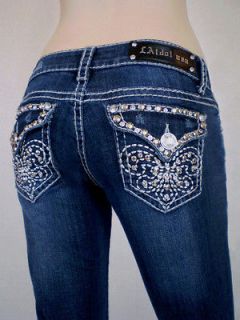 Plus Size LA Idol Bootcut Jeans Rhinestone Fleur De Lis Jewel Pockets 