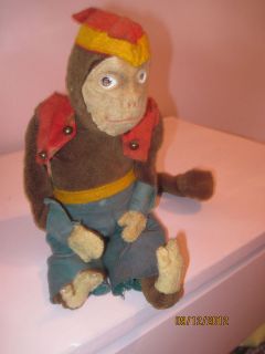 Antique, Vintage Bellman Stuffed Monkey, Felt Clothes, 13.5 wire body