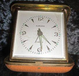 Vintage wind up TRAVEL CLOCK Europa 2 jewels in leather case Made in 