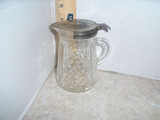 ANTIQUE SYRUP PITCHER GLASS BOTTOM METAL LID VICTORIAN