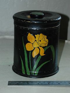 Vintage TIN METAL Kitchen CANISTER / Tobacco can? black paint w 