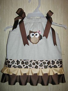 Girls Monogram Owl w/ Bow Cheetah Leopard Dress Brown Beige Ruffles 