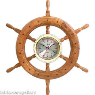 Bey Berk Large 24 Inch Brass/Oak Ship’s Wheel Clock (New)