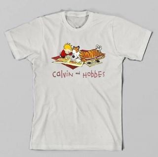 Calvin and Hobbes T shirt Lazy Sunday reading newspaper strip shirts S 