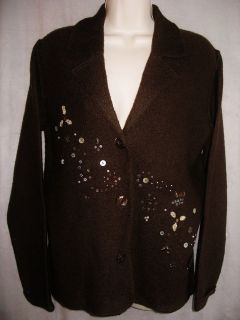 LINDEN HILL Womens L Brown Boiled WOOL Beads Sequins Cardigan Sweater 