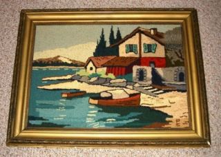Vintage Framed Hooked Rug Lake House with Boats