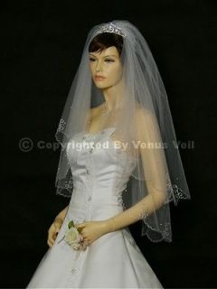 2T Ivory Fingertip Scalloped Edge with Pearls Bridal Wedding Veil