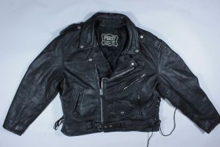 Vtg First Biker Motorcycle Punk Brando Belted Laced Black Leather 