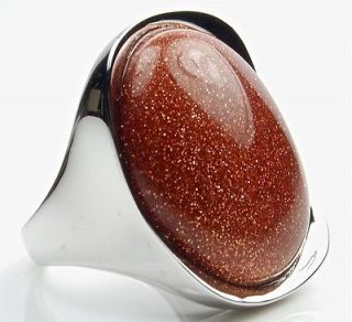 Natural Brown Orange Goldstone in Sterling Silver Ring Big Genuine 
