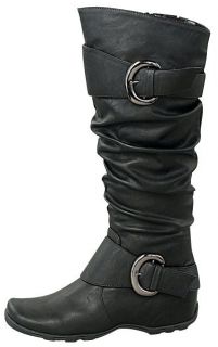 Women Knee High Boots Buckle Design Faux Leather Comfort Flat Shoes 