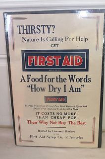 Vintage Original FIRST AID SODA Syrup Grocery Store POSTER 1930s NOS 