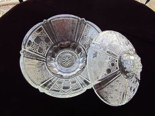   Indonesia Clear Pressed Glass Candy Dish w lid Buttons Pattern MINT