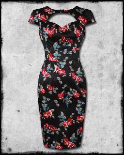 HELL BUNNY ROSALIE BLACK FLORAL SATIN ROCKABILLY PINUP 50s FITTED 