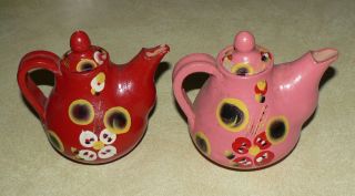 Set of 2 South American Hand Painted Mini Clay & Wooden Tea Pots/Free 