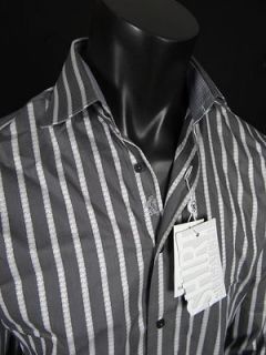 NWT Mens Bugatchi Woven Button up MS3885D80S CHARCOAL Limited SHAPED 