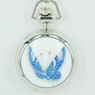 silver cute Mini Mirror Blue Butterfly Necklace Women Lady Pocket 