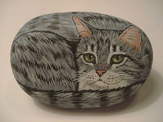 Gray tabby cat hand painted on a stone   pet rock