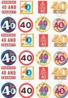   40TH BIRTHDAY EDIBLE CUPCAKE/FAIRY CAKE TOPPERS STAND UPS/FLAT MIX