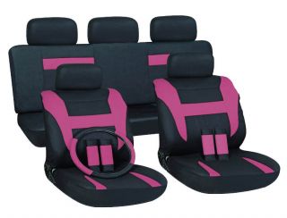 16pc Set Pink Black SUV Auto Car Seat Covers + Steering Wheel Belt Pad 
