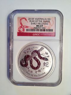 2013 AUSTRALIAN Year of Snake 1 Oz Pure Silver Coin NGC MS 69 Early 
