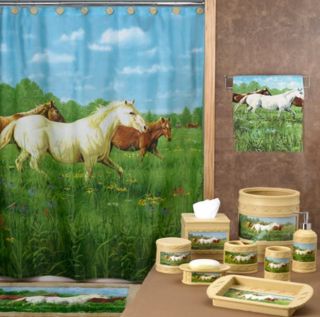 Prairie Horse Meadow Wild Western Bath Fabric Shower Curtain Rug 
