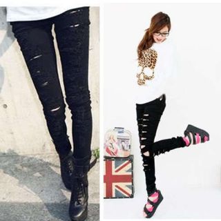 Women Black Cut out Punk Ripped Jeans Sexy Skinny Leggings Jeggings 