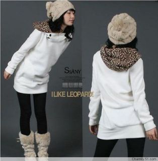 Spring Korean Women Girl Leopard White Warm Fleece Hoodie Outwear Tops 