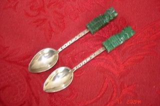 Pair 800 Silver Spoons, Mexico, Green Alabaster Mayan Statue as Handle 