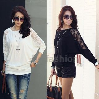 New Ladies Loose Batwing Dolman Sleeve Lace Shoulder Casual Top T 