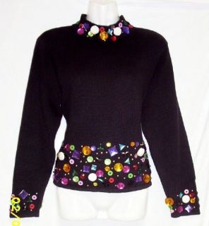 Womens Lisa Nichols Black Heavily Embellished Colored Stones Sweater 