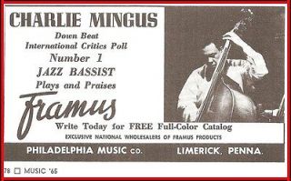 CHARLIE MINGUS, FRAMUS BASS Original Vintage Magazine Ad Down Beat 