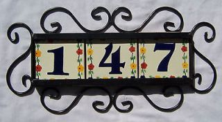 01) Iron Frame & 3 Mexican Ceramic Tiles House Numbers