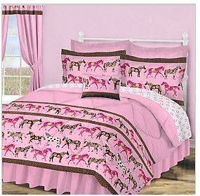 QUEEN SIZE PINK HORSE MUSTANG GIRLS COMFORTER SHAM 4PC PONY EQUESTRIAN 
