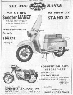 1961 Jawa 350 Twin Senior Motorcycle & Manet Scooter Original Ad