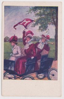 OLD F. EARL CHRISTY PC 3 GIRLS IN AN AUTO HARVARD FLAG