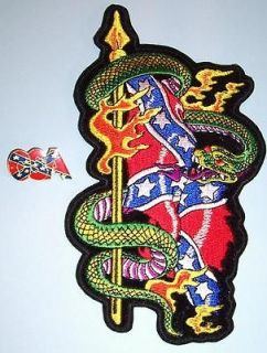 Confederate States America CSA Pin & Rebel Flag w/Snake New Iron on 
