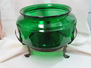 ANTIQUE ART DECO EMERALD GREEN FISH BOWL   PAINTED METAL LEAF STAND 