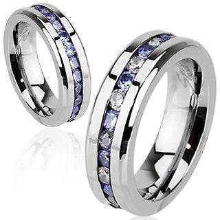 Stainless Steel Purple & Clear CZ 2 Sided Eternity Wedding Band Ring 