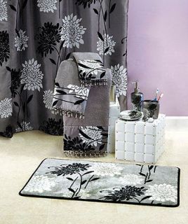   12 Pc Black White Silver Erica Floral Bathroom Shower Curtain Hooks