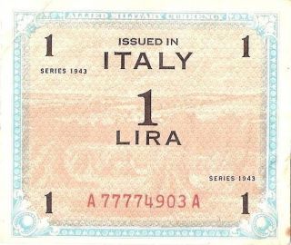Italy 10 Lire WW II ALLIED MILITARY CURRENCY A34414398A   1943A