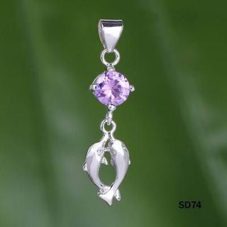 32*8mm Amethyst Dophin Crystal 925 sterling silver Charms Necklace 