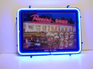 Neon sign Harley Rosies Drive in 50s Diner motorcycle tin sign inside 